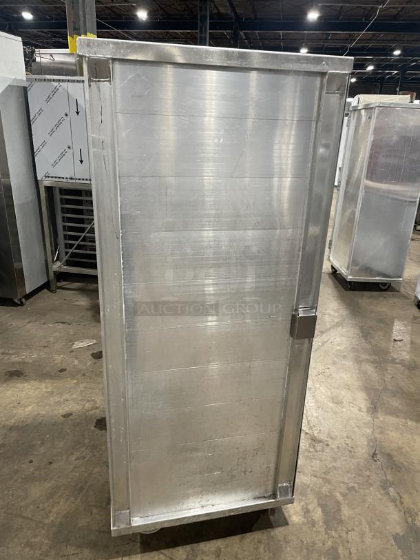 Cres Cor aluminum enclosed full-size sheet pan cabinet on casters, industrial-grade, good condition, sturdy construction.