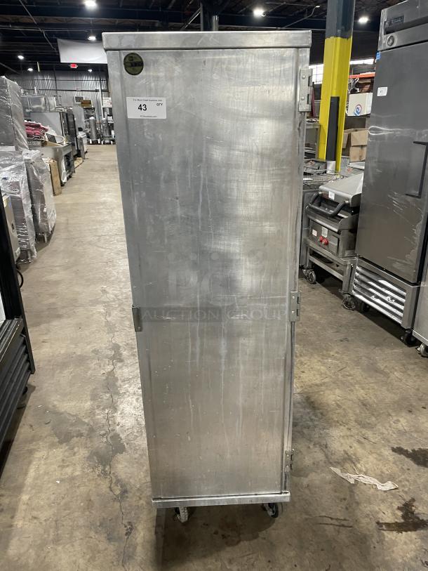 Cres Cor aluminum full-sized enclosed sheet pan cabinet on casters, used condition, visible label with "Qty 43".