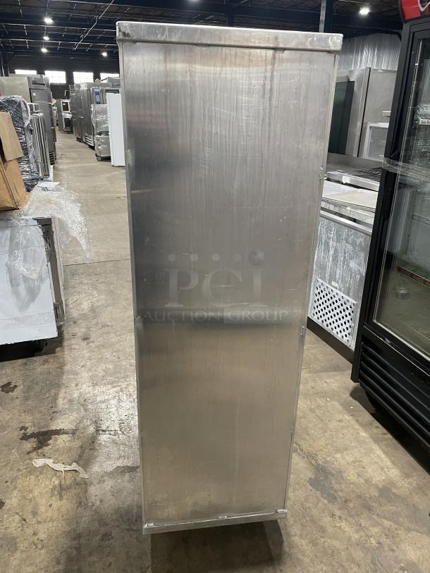 Cres Cor aluminum enclosed full-sized sheet pan cabinet on casters, used condition, suitable for food storage.