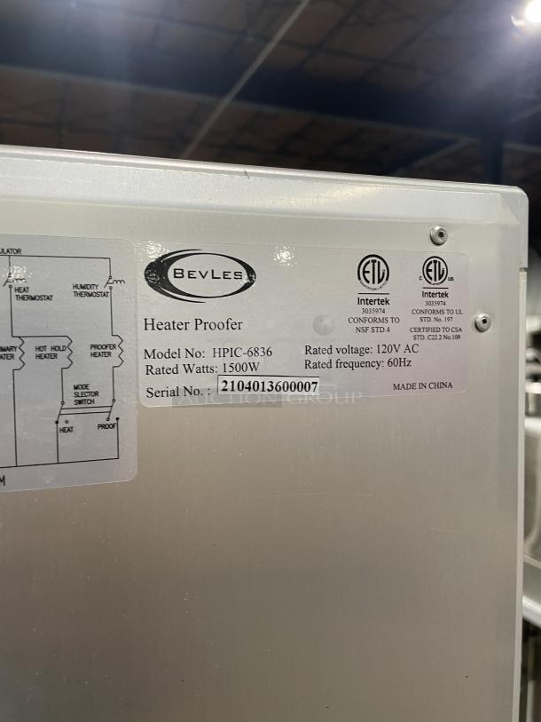 Bevles HPIC 6836 insulated proofing/food warming cabinet, model 2021, serial 21054013600007, 120V 1Phase, on casters.