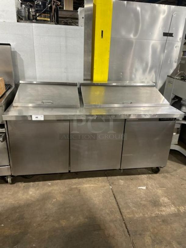 Beverage Air 72" Mega Top refrigerated sandwich prep table, Model SW7230M, on casters, 115V, 1 Phase, stainless steel.