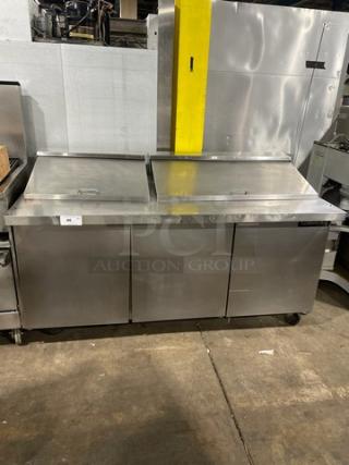 Beverage Air 72" Mega Top refrigerated sandwich prep table, Model SW7230M, on casters, 115V, 1 Phase, stainless steel.