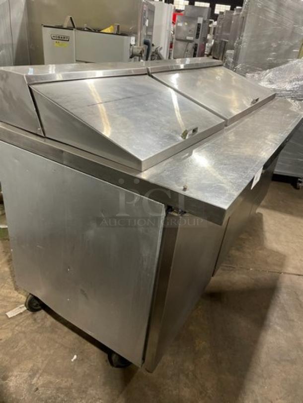 Beverage Air 72" Mega Top refrigerated sandwich prep table, model SW7230M, on casters, stainless steel, 115V 1Phase, serial 143B8865.
