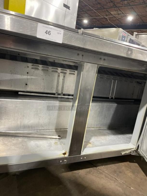 Beverage Air 72" Mega Top Refrigerated Sandwich Prep Table, Model SW7230M, visible storage compartments, on casters.