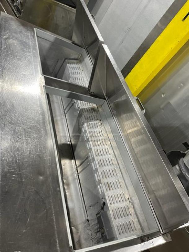 Beverage Air 72" Mega Top Sandwich Prep Table, Model SW7230M, on casters. Stainless steel finish, visible interior layout.