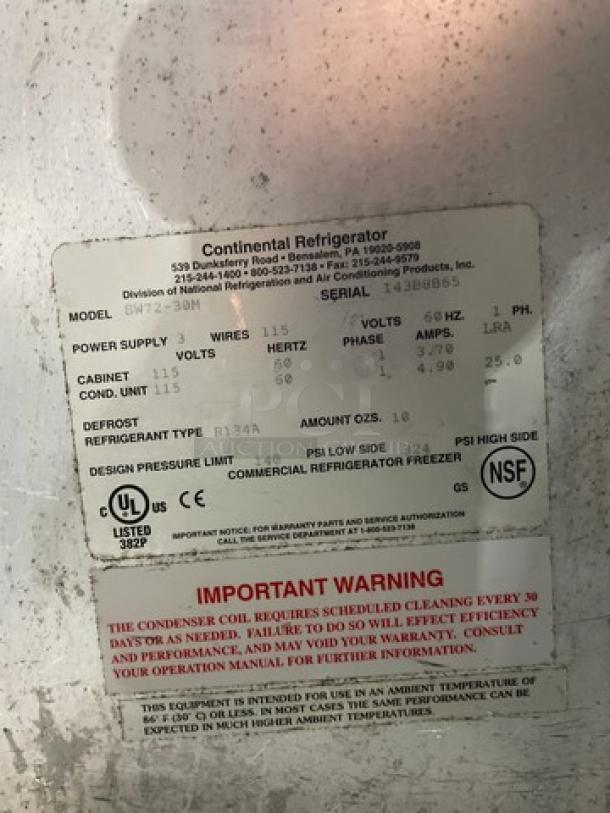 Beverage Air model SW7230M label with serial 143B8865, 115V 1Phase, NSF and UL listed markings, cleaning warning.