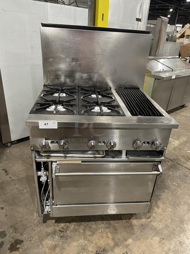 Jade Range gas-powered 4 burner with char broiler combo, full-sized oven, raised backsplash, on casters, excellent condition.