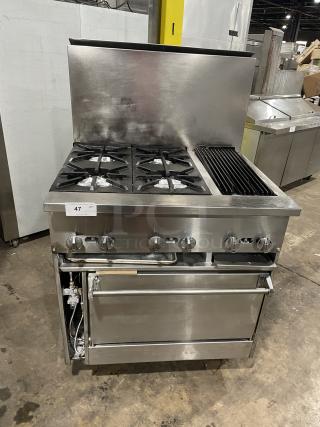 Jade Range gas-powered 4 burner with char broiler combo, full-sized oven, raised backsplash, on casters, excellent condition.