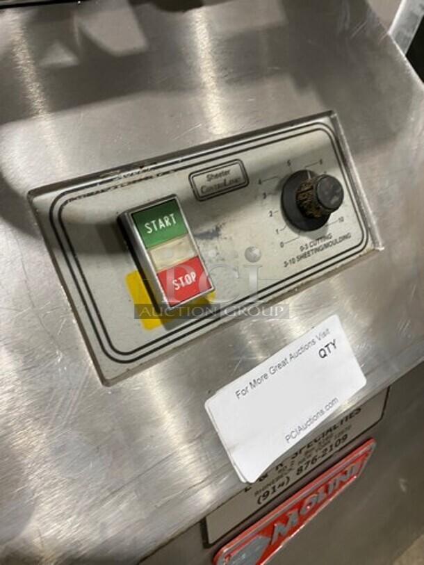 Moline commercial reversible dough sheeter, 3-phase, with foot pedal. Control panel features start/stop buttons and adjustment dial. Working condition.