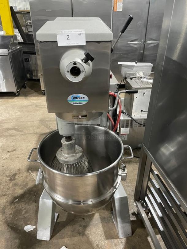 Univex commercial electric 60 qt. mixer, model SRM60+, with stainless steel bowl and whisk, on legs, 208-240V, used.