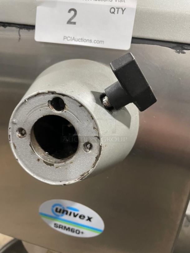 Univex SRM60+ 60 Qt planetary mixer, electric, heavy-duty, stainless steel bowl, wire whisk, model tag visible.