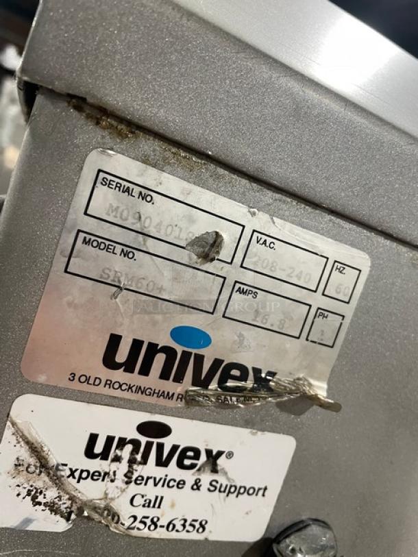 Univex SRM60+ commercial mixer label, showing model, serial number M0904018, voltage 208-240V, phase 1, and other specs.