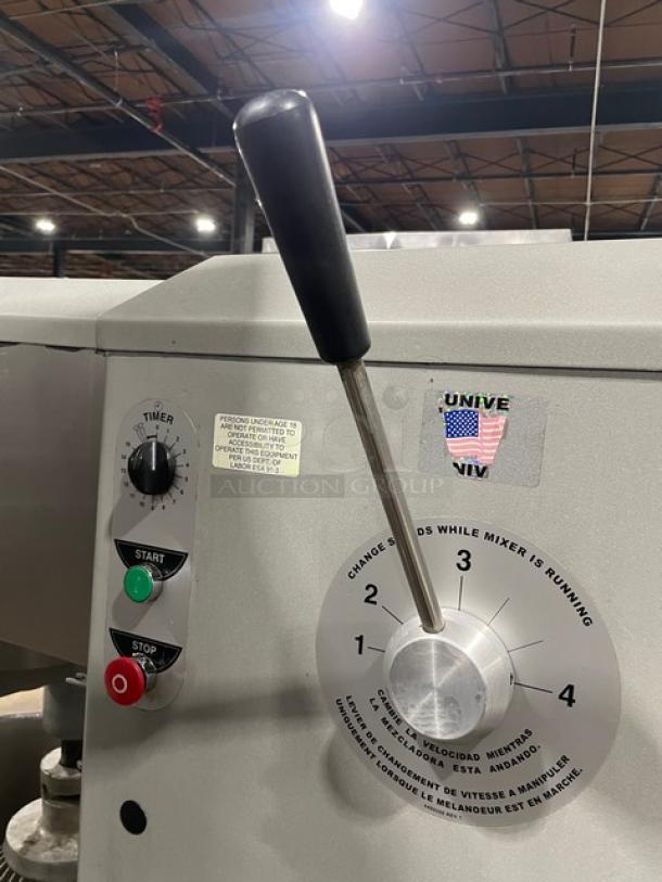 Univex SRM60+ commercial mixer, 60 qt, with speed lever and control panel, stainless steel bowl not shown, working condition.