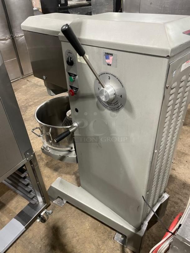 Univex SRM60+ 60 Qt planetary mixer with stainless steel mixing bowl and whisk attachment. Heavy-duty, on legs, 208-240V, 1 Phase.
