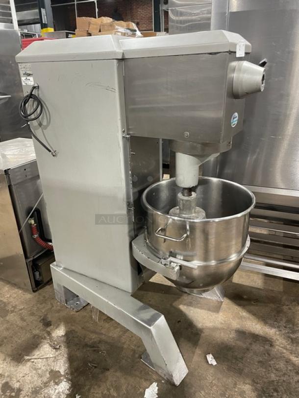 Univex SRM60+ 60 Qt planetary mixer in stainless steel, includes mixing bowl and wire whip, 208-240V, on legs, working condition.