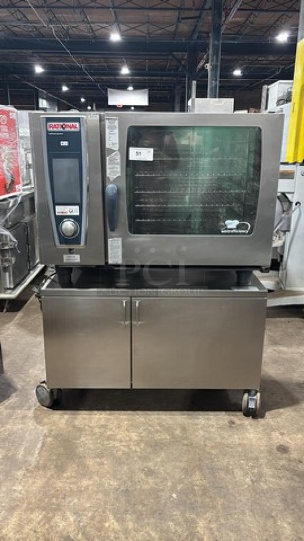 Rational SW62G Combi Convection Oven on cart with pan rack, casters; Natural gas, 208V, 1 Phase; Model SCCWE62G.