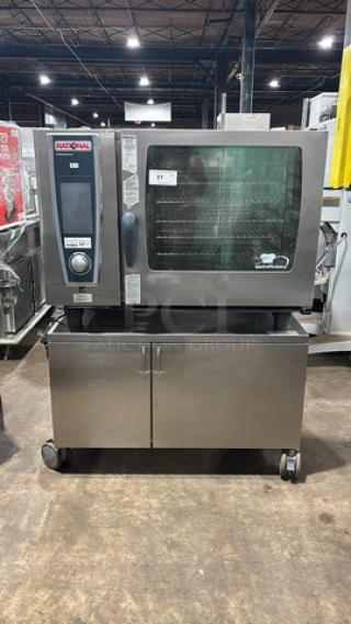 Rational SW62G Combi Convection Oven on cart with pan rack, casters; Natural gas, 208V, 1 Phase; Model SCCWE62G.