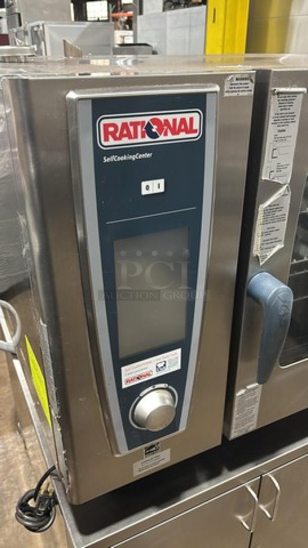 Rational Whit Efficiency Series natural gas combi convection oven, model SCCWE62G, on cart with pan rack, casters visible.