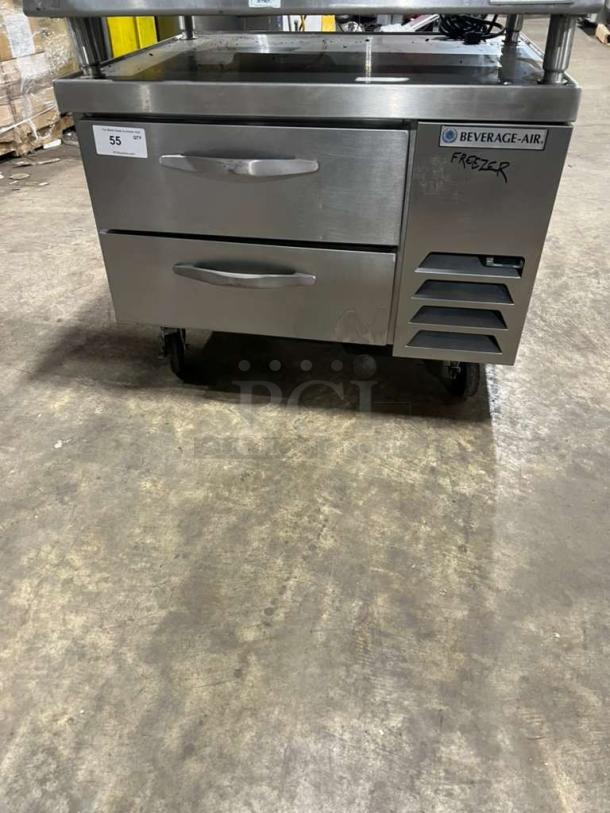 Beverage Air 36" 2-drawer freezer chef base, model WTFCS36D-1, on casters, 115V, 1 phase, good condition, with visible label.