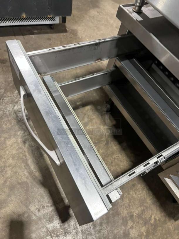 Beverage Air 36" freezer chef base, model WTFCS36D-1, 2 drawers, stainless steel, on casters, 115V, 1 phase, open drawer view.