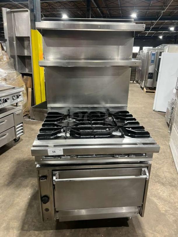Jade Range heavy-duty commercial gas-powered 4-burner range with full-size oven, raised double shelf, backsplash, on casters.