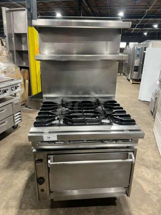 Jade Range heavy-duty commercial gas-powered 4-burner range with full-size oven, raised double shelf, backsplash, on casters.