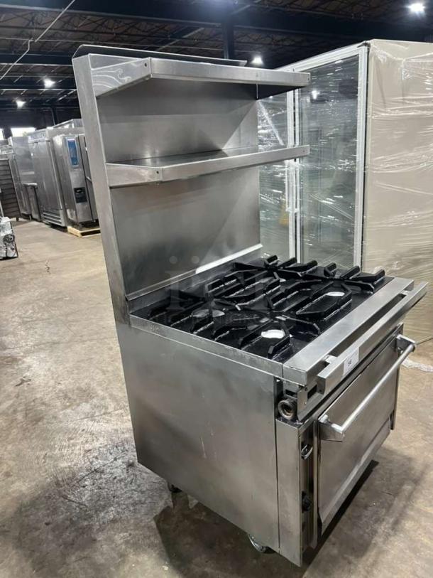 Jade Range 4-burner commercial gas range with full-size oven, raised double shelf backsplash, and casters, in good condition.