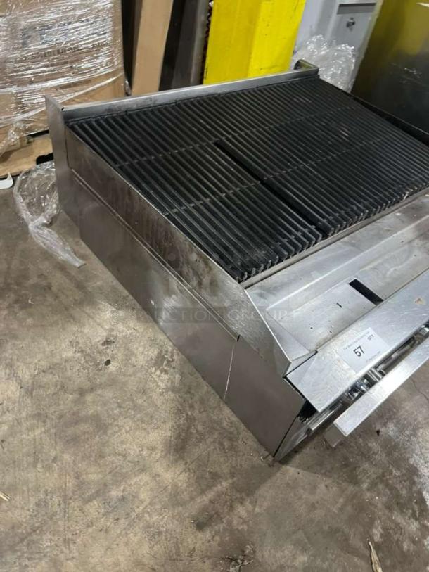 Southbend 36-inch heavy duty commercial char broiler grill with side splash guards. Stainless steel, used condition.