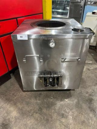 AMCO stainless steel gas-powered tandoori oven, Indian style, includes temperature gauge, good condition.
