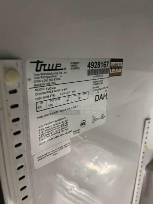 True Refrigerated 2 Door Lowboy/Worktop Cooler, Model TUC60, Serial 4928167, 115V, 1 Phase, on casters.