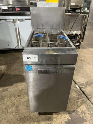 Vulcan 1VEG35M-1 stainless steel deep fat fryer with 2 baskets on legs, Energy Star label, excellent condition.