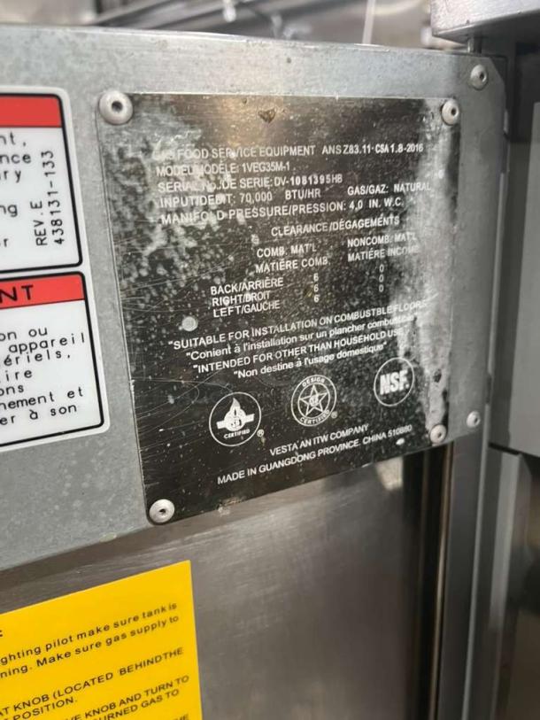 Vulcan 1VEG35M-1 stainless steel deep fryer, 2 baskets, Model 1VEG35M-1, Serial DV-1081395HB, 70,000 BTU, on legs.