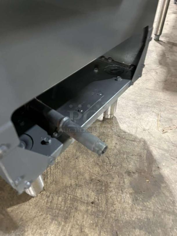 Vulcan stainless steel deep fat fryer base, model 1VEG35M-1, showing sturdy legs, serial DV-1081395HB.