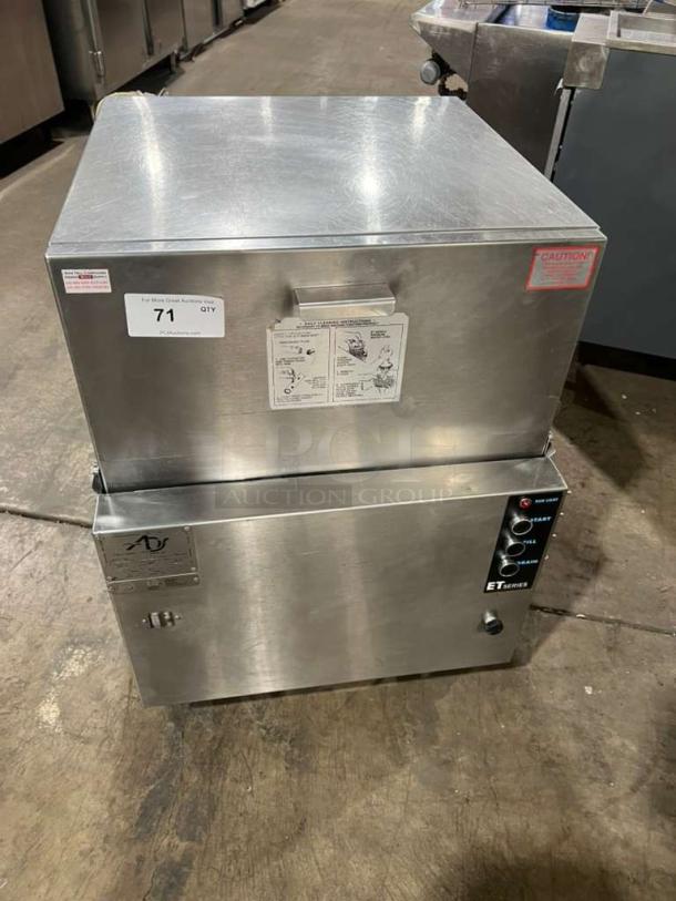 ADS ET Series under-counter commercial dishwasher, model ETAF-M, stainless steel, 120V, serial 25857, visible control panel.