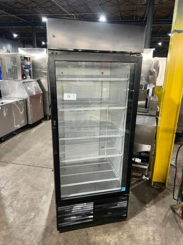 Habco ESM28 one-door reach-in cooler merchandiser with glass front, wire shelves, and 115V 1 phase power.