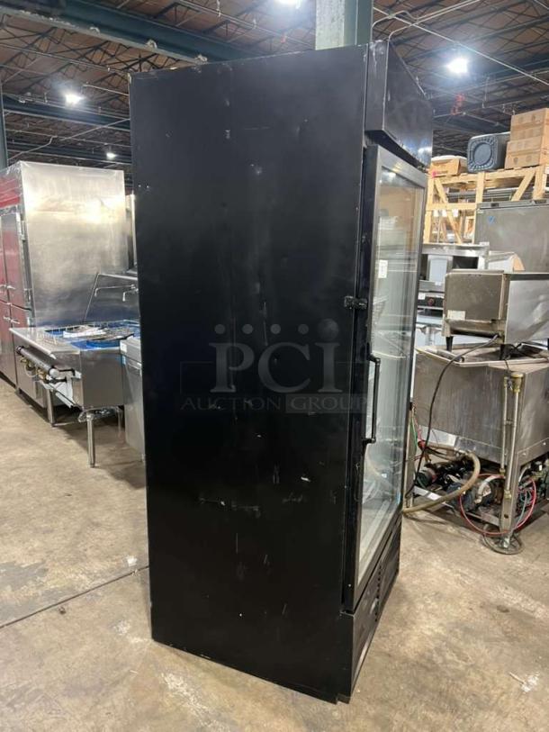 Habco one-door reach-in cooler merchandiser, Model ESM28, black, 115V, 1 Phase, good condition, minor exterior wear.