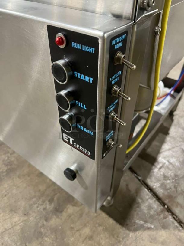 ADS ET-AF-M under counter stainless steel bar dishwasher, ET Series, serial 25857, 120V 1 phase, control panel view.