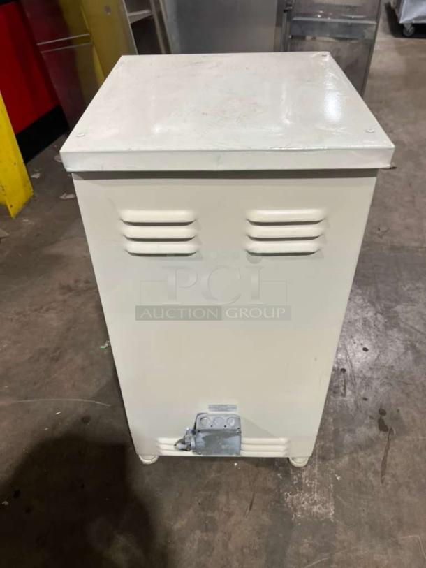 Morello electric dough press machine, white metal, sturdy design, vents on sides, visible latch at base, good condition.