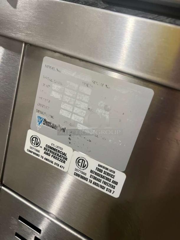 Custom Cool Refrigerated Bakery Display Case, ETL certified, commercial-grade. Visible metal exterior, label details specs.