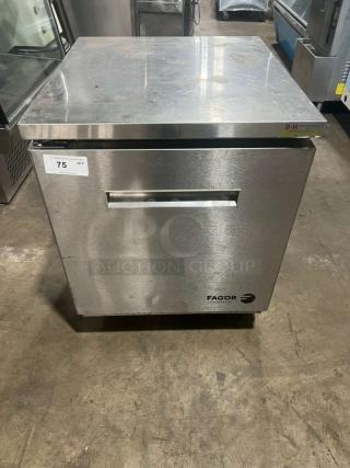 Fagor One Door Stainless Steel Lowboy Worktop Cooler, Model FUR27, 115V, on casters, shows minor wear.
