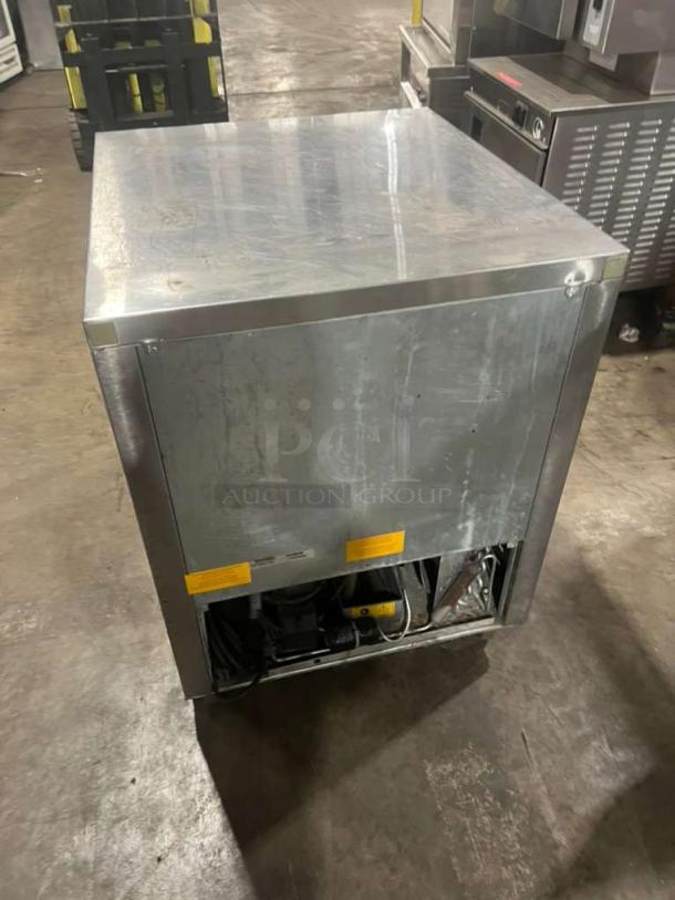 Fagor FUR27 one-door stainless steel lowboy worktop cooler, 115V, 1 phase, on casters, visible scratches and wear.