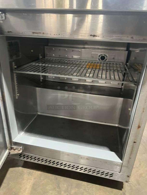 Fagor FUR27 stainless steel one-door lowboy cooler, on casters, Model FUR27, 115V, used condition, includes shelf and thermostat.