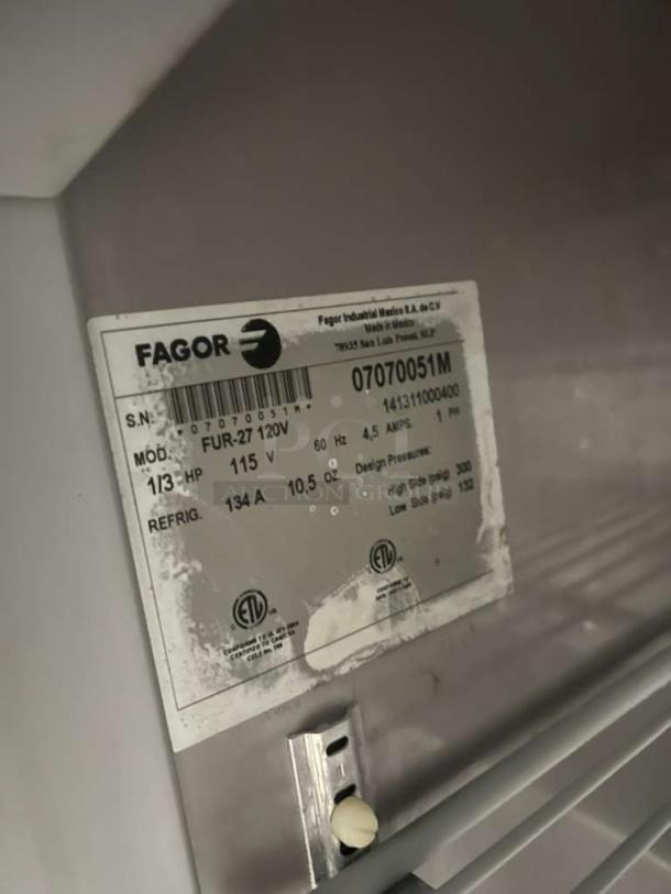 Fagor FUR27 stainless steel lowboy worktop cooler, 1 door, 115V, 1 phase, model tag visible with serial 141311000400.