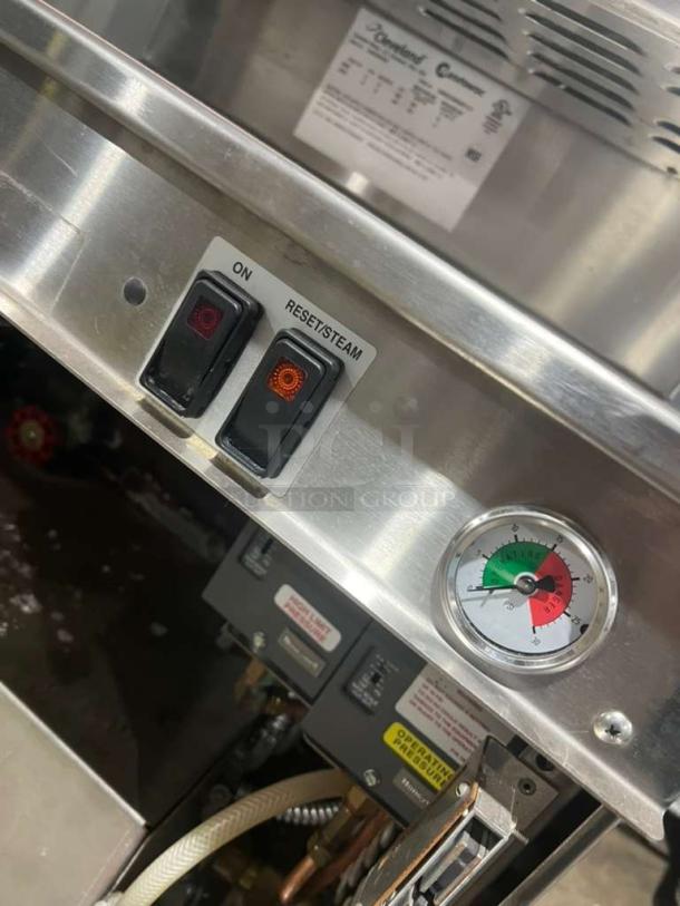 Cleveland Range 24CEM24 stainless steel dual compartment convection steamer, electric powered, gauge, and control panel shown.