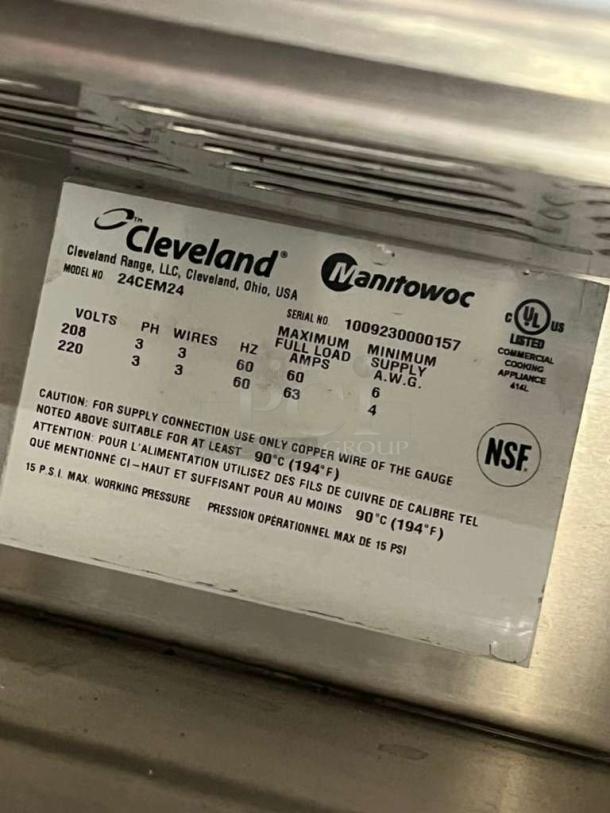 Cleveland Range 24CEM24 stainless steel dual compartment convection steamer, serial 1009230000157, 202/220V, 3 phase.