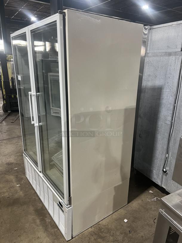 Master-Bilt BLG48HD commercial freezer, white, two glass doors, poly-coated racks, 115V, 1 phase, used condition.