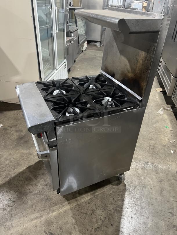 American Range stainless steel gas-powered 4-burner range/oven combo with backsplash, overhead salamander shelf, and casters.