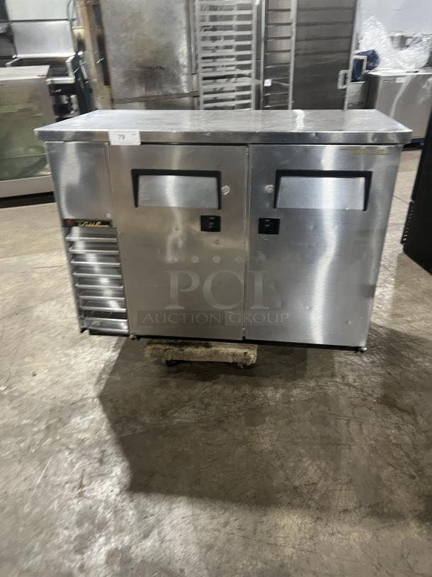 True Commercial Stainless Steel 2-Door Back Bar Cooler, Model TBB-24-48S, with black-coated wire rack, used condition.
