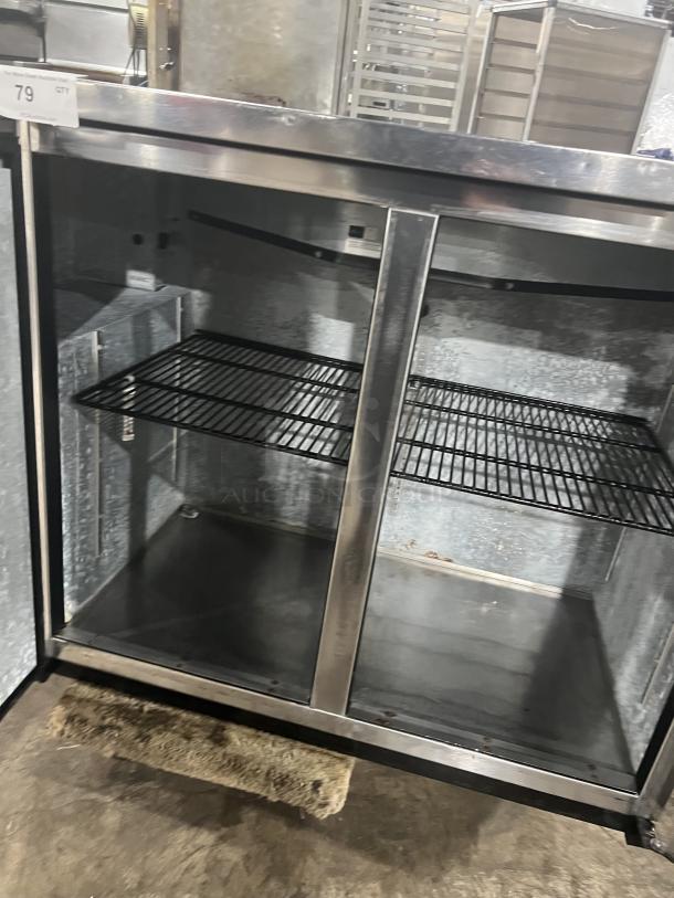True Commercial 2-Door Back Bar Cooler, Model TBB-24-48S. Stainless steel, black coated wired rack, 115V, 1 Phase.