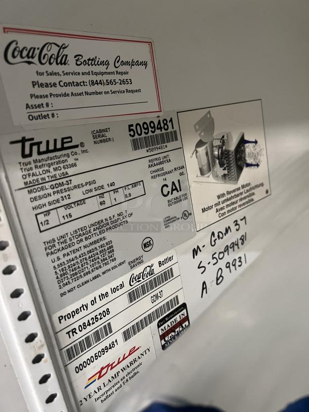 True Commercial Coca-Cola style double glass door merchandiser refrigerator, model GDM-37, SN: 5099481, 115V, on casters.